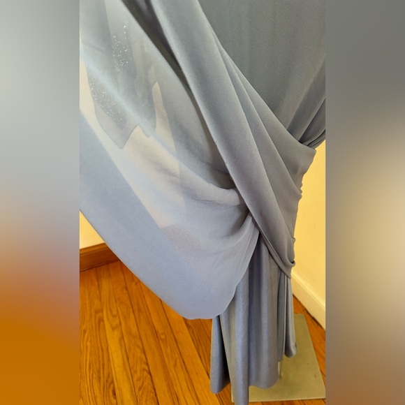 J Kara NWTS Overlay Asymmetrical Maxi Evening Dress Dusty Blue Sheer Bea… - Picture 11 of 16